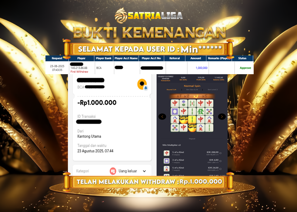 BUKTI KEMENANGAN MEMBER SATRIALIGA Rp.1.000.000