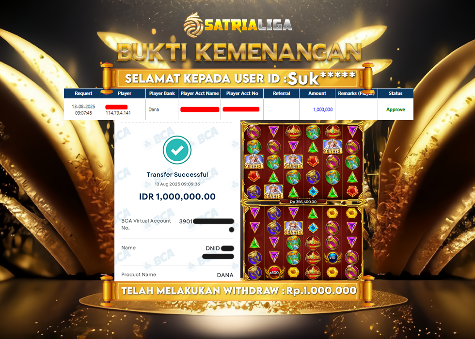 BUKTI KEMENANGAN MEMBER SATRIALIGA Rp. 1.000.000