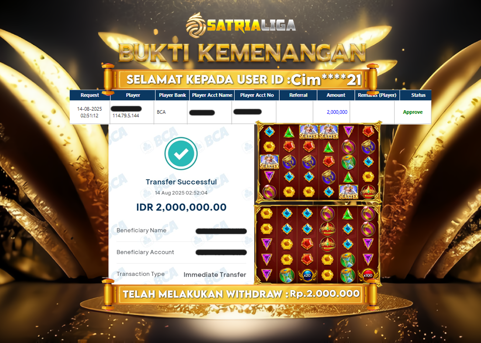 BUKTI KEMENANGAN MEMBER SATRIALIGA Rp.2.000.000