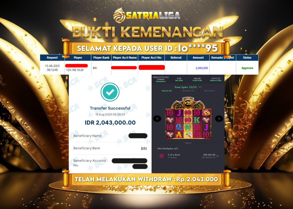 BUKTI KEMENANGAN MEMBER SATRIALIGA Rp.2.043.000