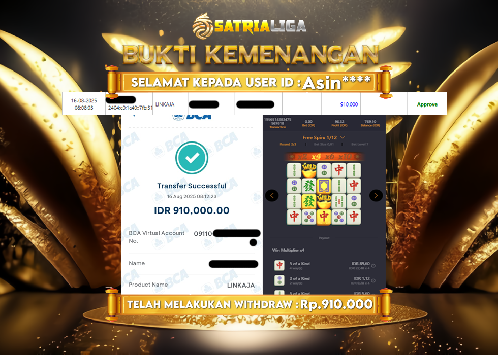 BUKTI KEMENANGAN MEMBER SATRIALIGA Rp.910.000