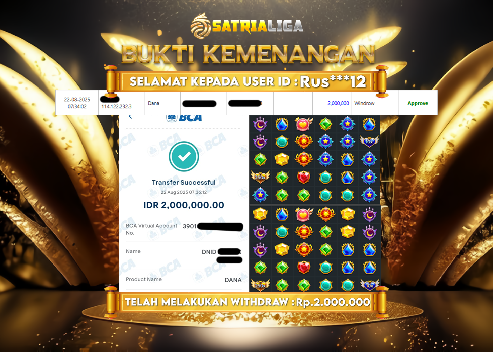 BUKTI KEMENANGAN MEMBER SATRIALIGA Rp.2.000.000