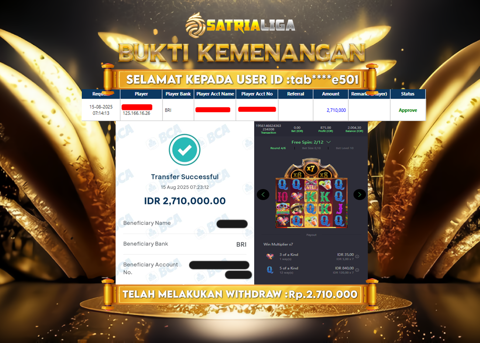 BUKTI KEMENANGAN MEMBER SATRIALIGA Rp.2.710.000