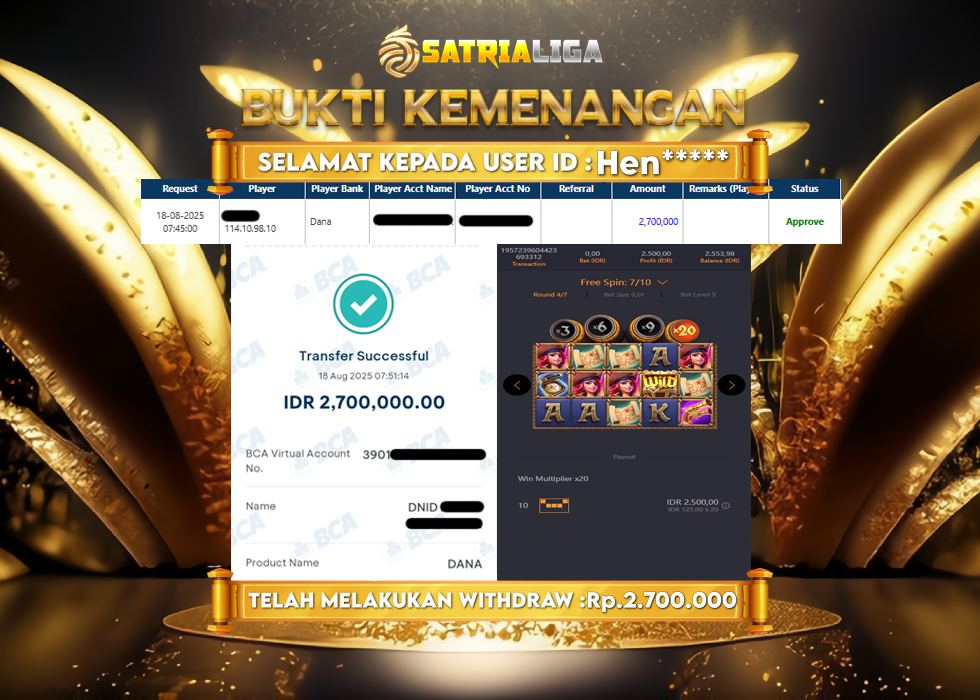 BUKTI KEMENANGAN MEMBER SATRIALIGA Rp.2.700.000