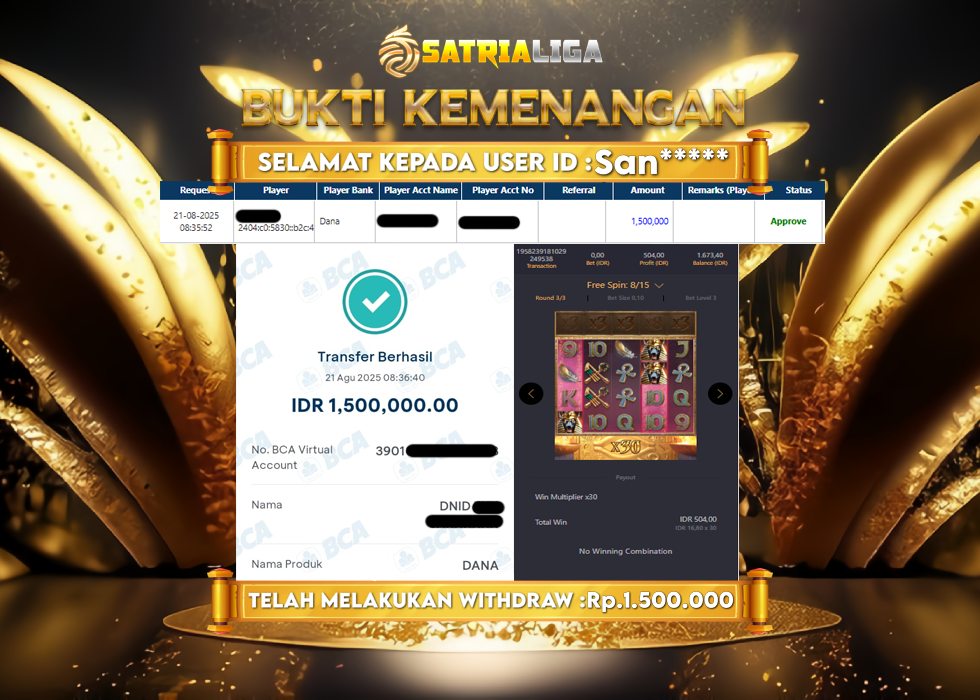 BUKTI KEMENANGAN MEMBER SATRIALIGA Rp.1.500.000