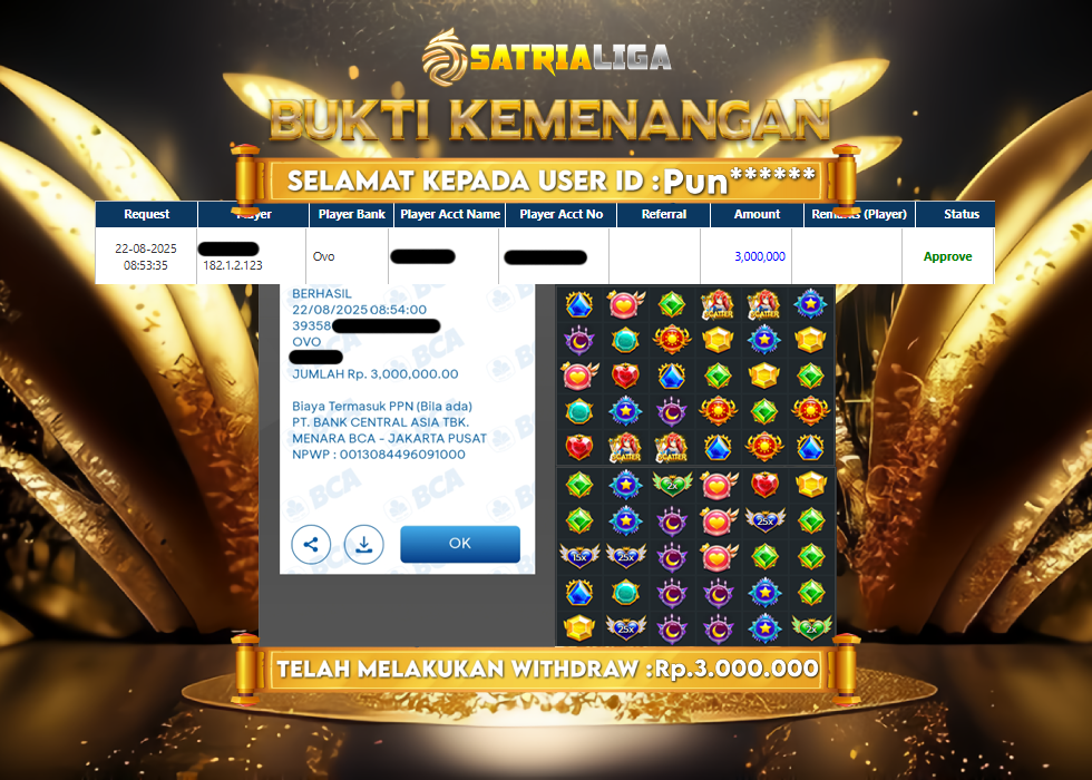 BUKTI KEMENANGAN MEMBER SATRIALIGA Rp.3.000.000