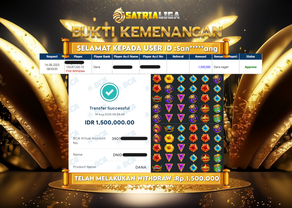 BUKTI KEMENANGAN MEMBER SATRIALIGA Rp.1.500.000