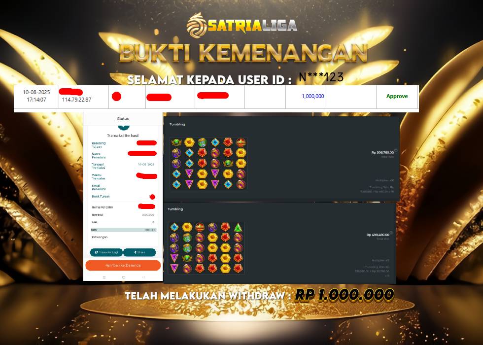 BUKTI KEMENANGAN MEMBER SATRIALIGA Rp. 1.000.000