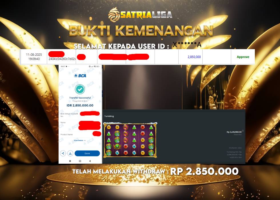BUKTI KEMENANGAN MEMBER SATRIALIGA Rp. 2.850.000