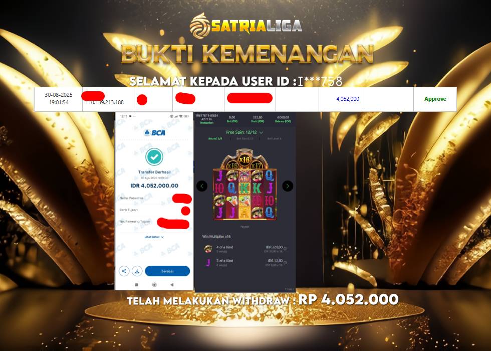 BUKTI KEMENANGAN MEMBER SATRIALIGA Rp.4.052.000