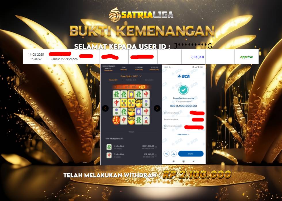 BUKTI KEMENANGAN MEMBER SATRIALIGA Rp.2.100.000