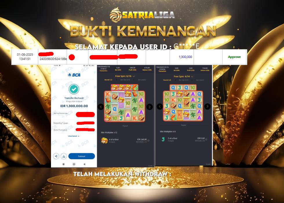 BUKTI KEMENANGAN MEMBER SATRIALIGA Rp.1.300.000