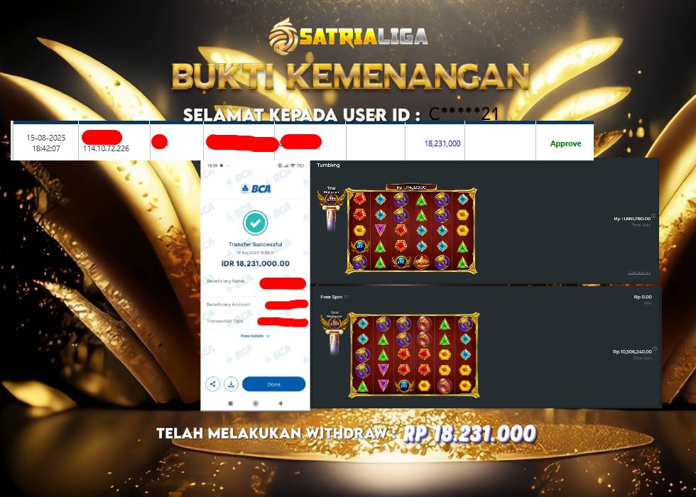BUKTI KEMENANGAN MEMBER SATRIALIGA Rp.18.231.000