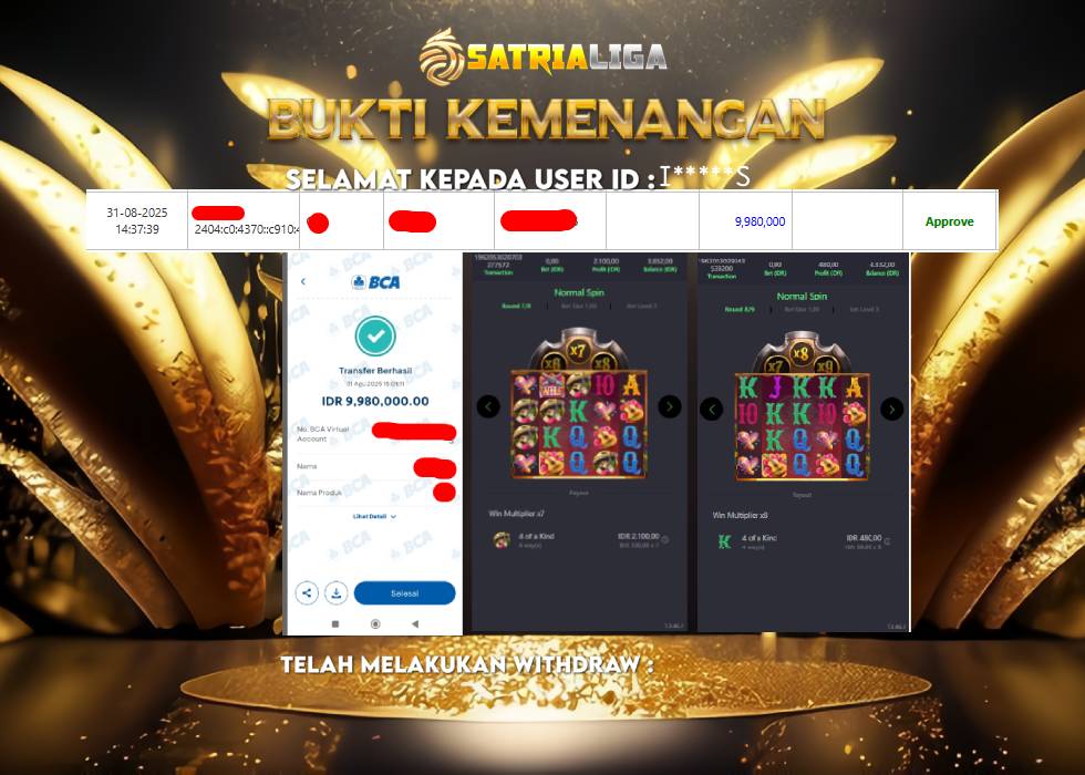 BUKTI KEMENANGAN MEMBER SATRIALIGA Rp 9.980.000