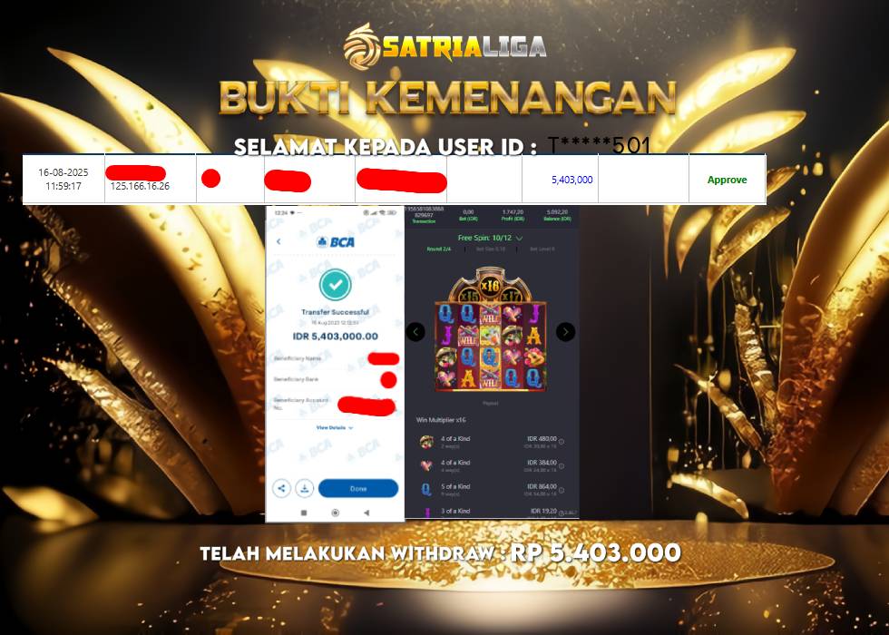 BUKTI KEMENANGAN MEMBER SATRIALIGA Rp.5.403.000