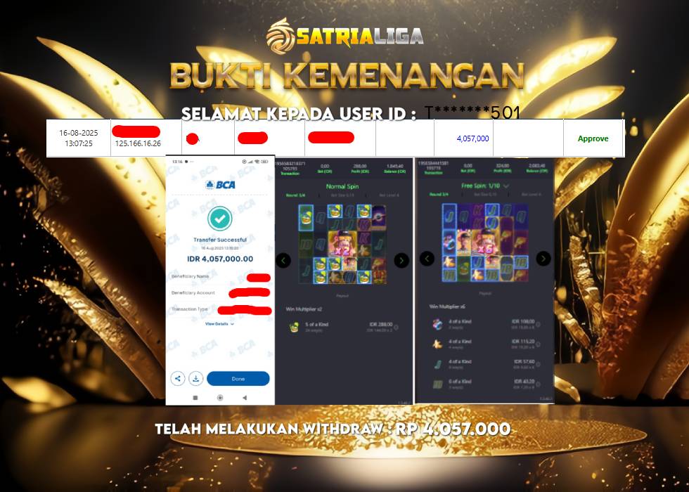 BUKTI KEMENANGAN MEMBER SATRIALIGA Rp.4.057.000