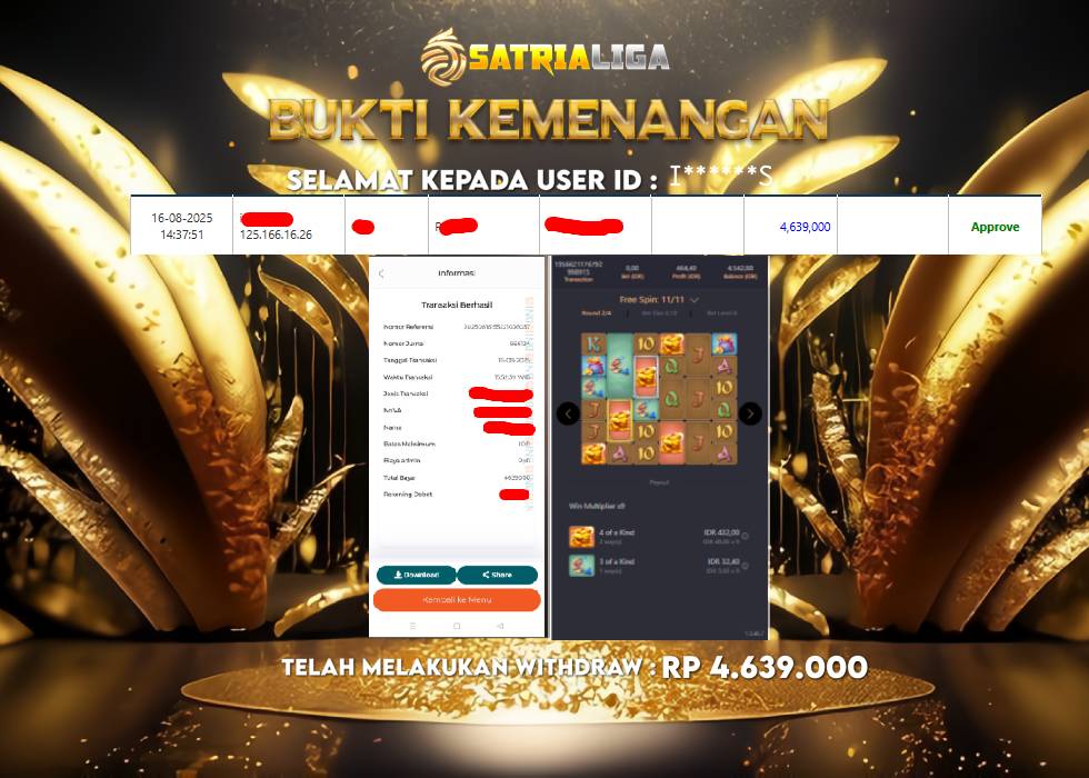 BUKTI KEMENANGAN MEMBER SATRIALIGA Rp.4.639.000