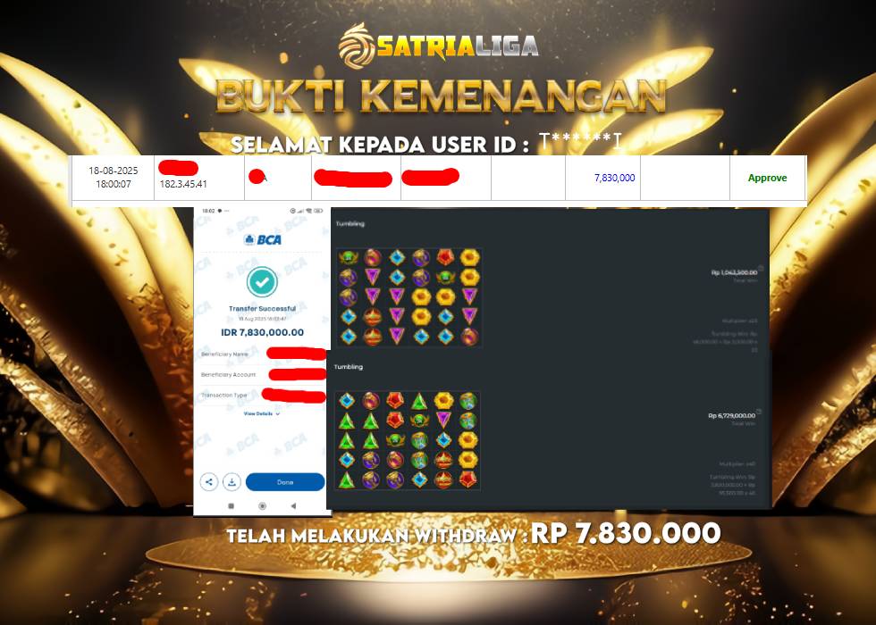 BUKTI KEMENANGAN MEMBER SATRIALIGA Rp.7.830.000