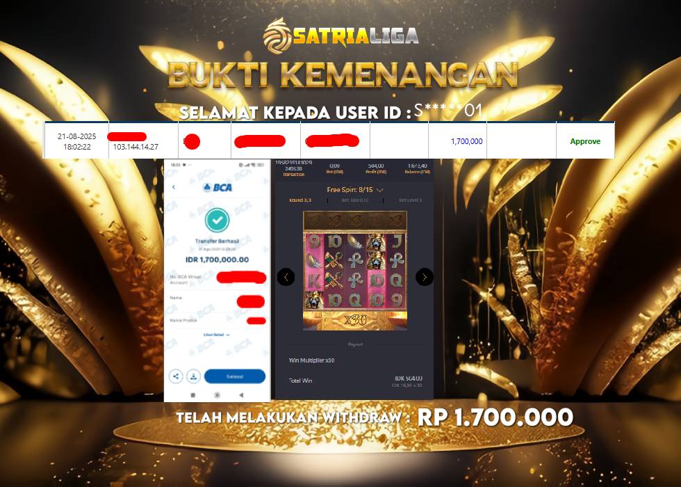 BUKTI KEMENANGAN MEMBER SATRIALIGA Rp.1.700.000