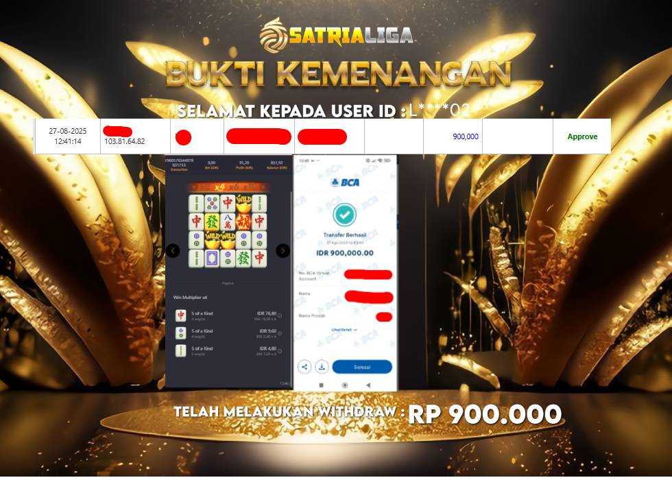 BUKTI KEMENANGAN MEMBER SATRIALIGA Rp.900.000