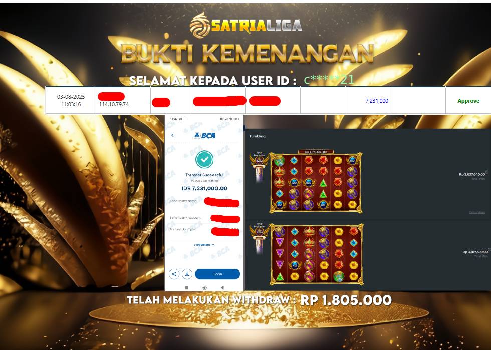 BUKTI KEMENANGAN MEMBER SATRIALIGA Rp. 7.231.000