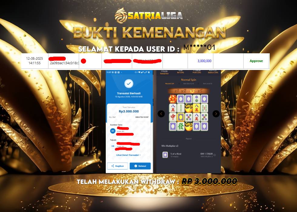 BUKTI KEMENANGAN MEMBER SATRIALIGA Rp. 3.000.000