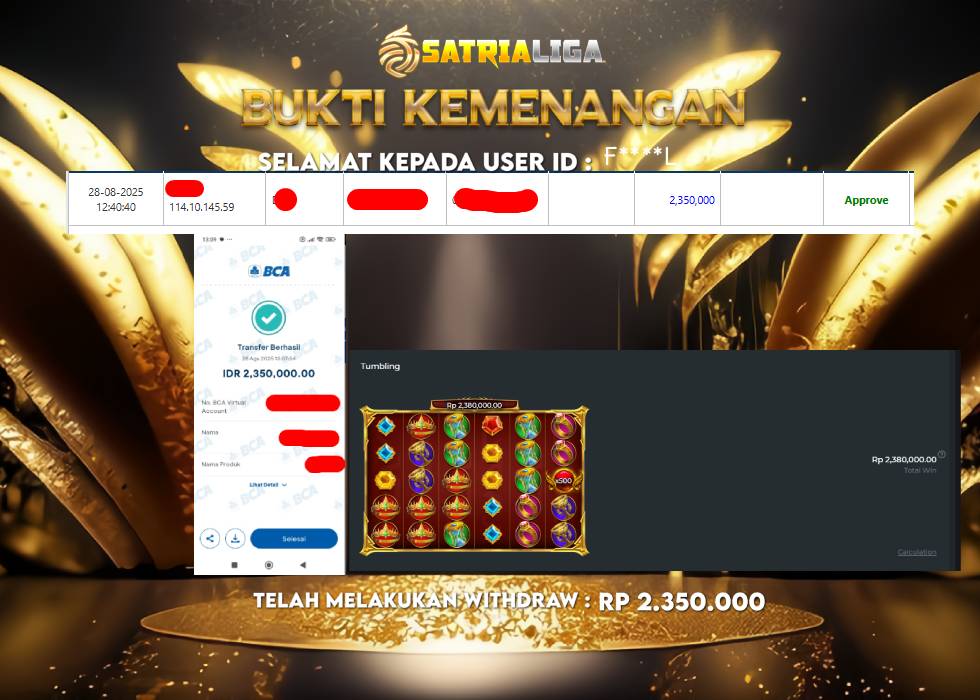 BUKTI KEMENANGAN MEMBER SATRIALIGA Rp.2.350.000