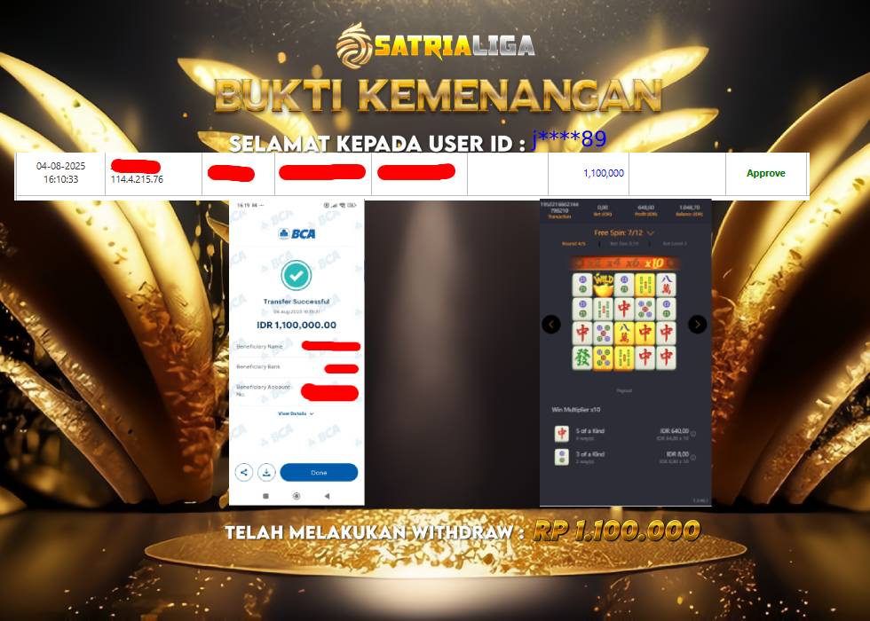 BUKTI KEMENANGAN MEMBER SATRIALIGA Rp. 1.100.000