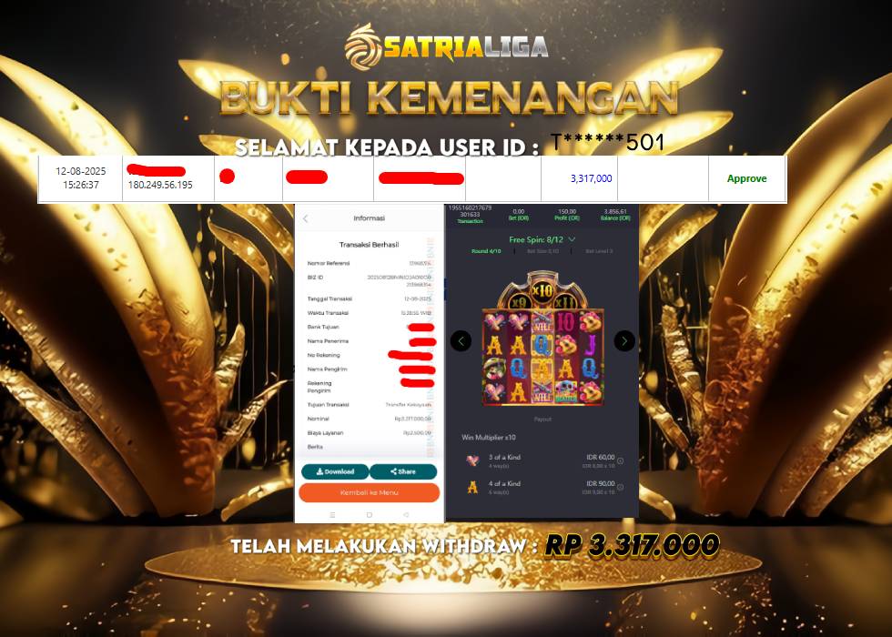 BUKTI KEMENANGAN MEMBER SATRIALIGA Rp. 3.317.000