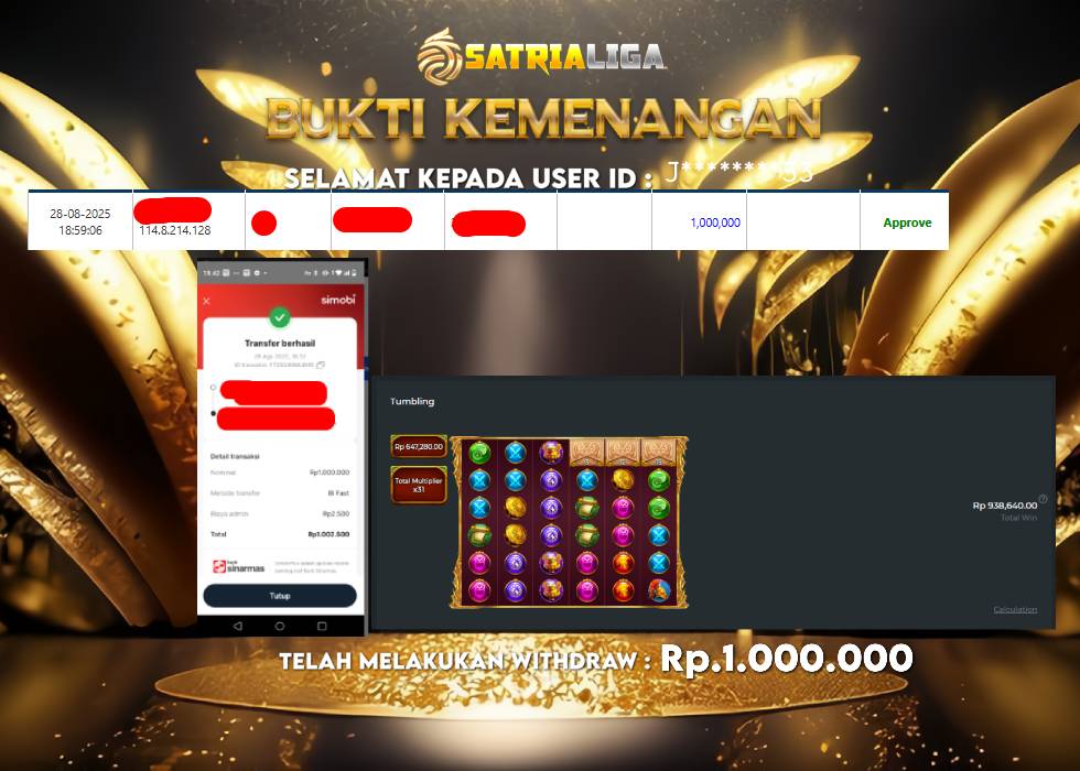BUKTI KEMENANGAN MEMBER SATRIALIGA Rp.1.000.000