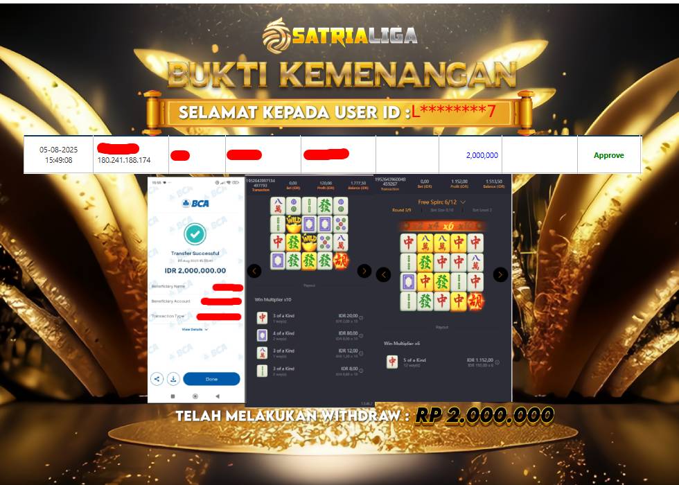 BUKTI KEMENANGAN MEMBER SATRIALIGA Rp.2.000.000