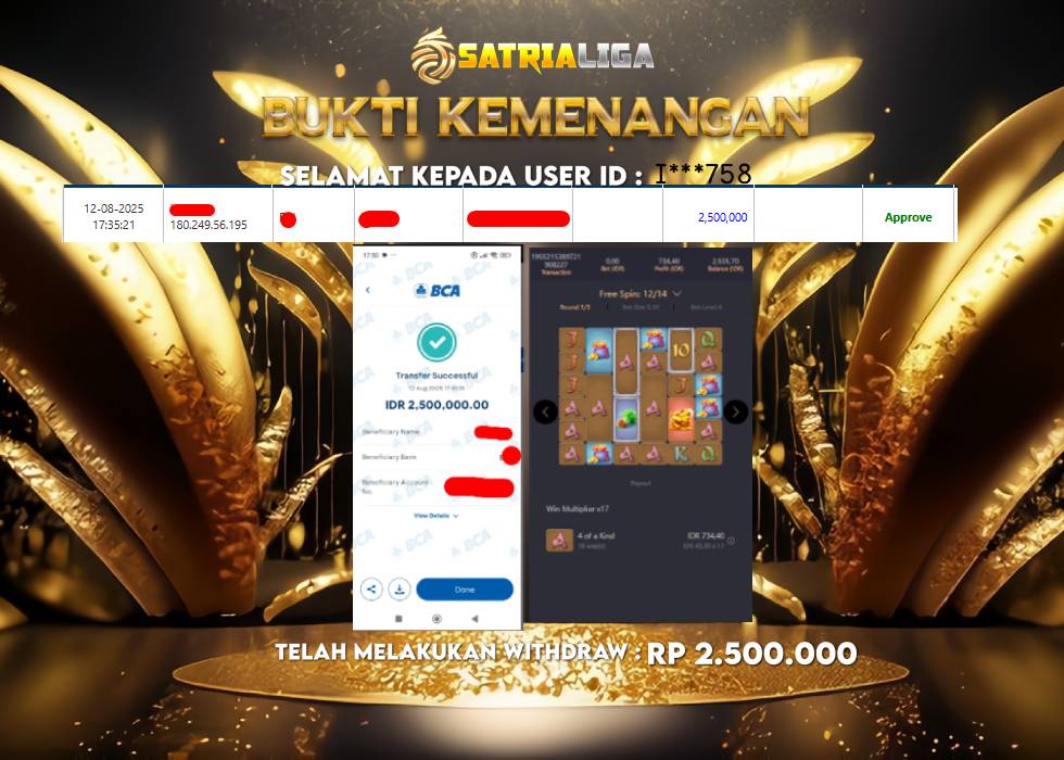BUKTI KEMENANGAN MEMBER SATRIALIGA Rp.2.500.000