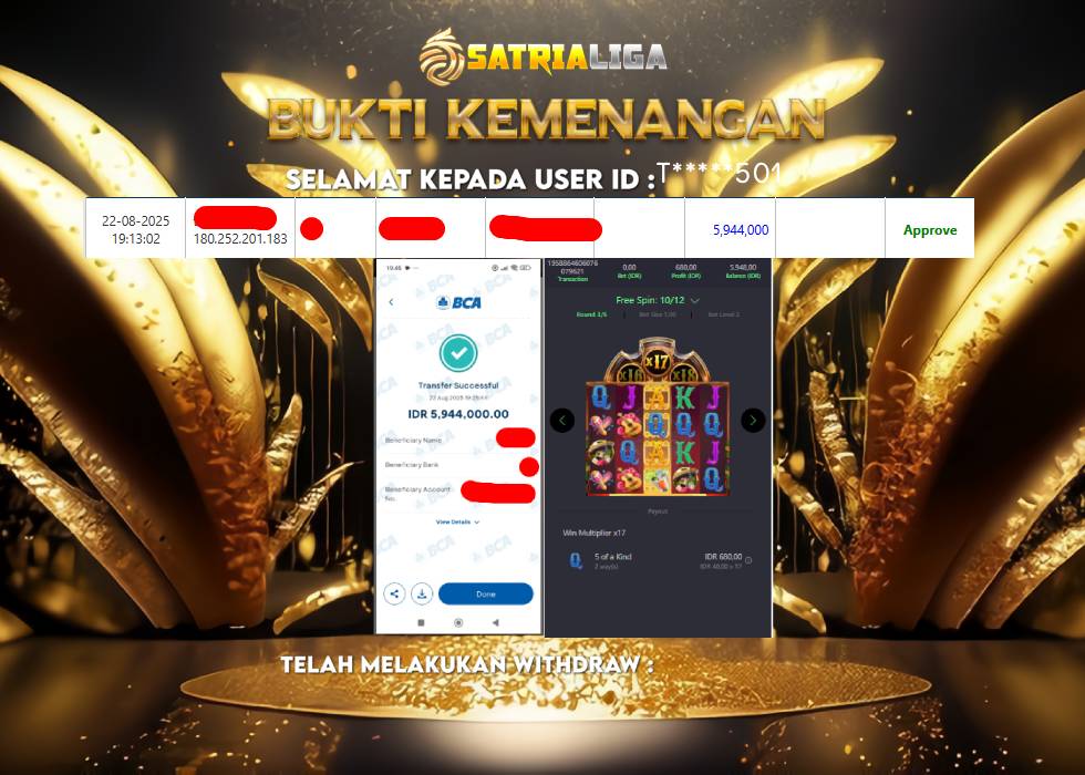 BUKTI KEMENANGAN MEMBER SATRIALIGA Rp.5.944.400
