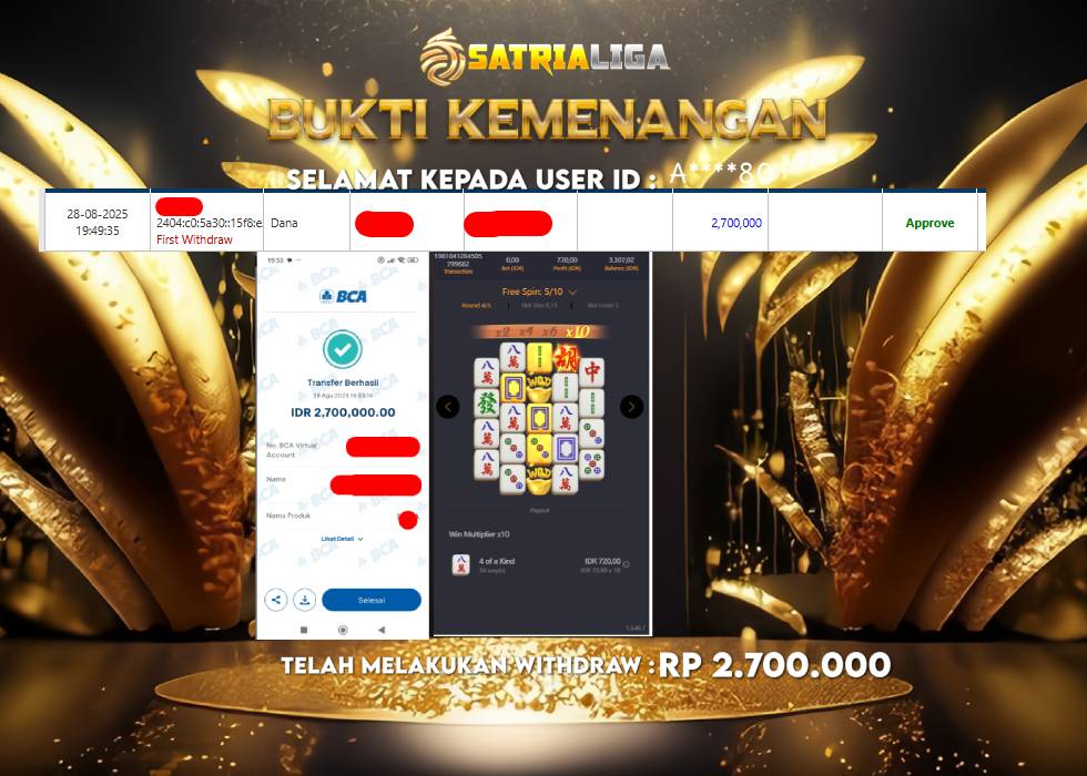 BUKTI KEMENANGAN MEMBER SATRIALIGA Rp.2.700.000
