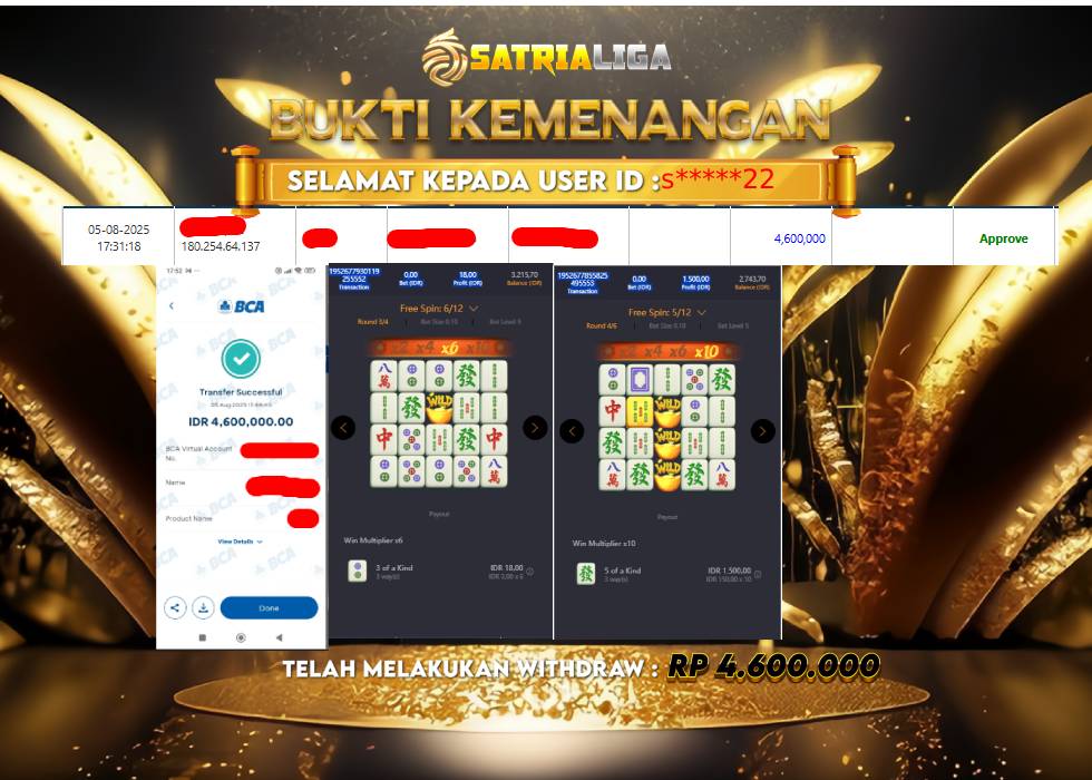 BUKTI KEMENANGAN MEMBER SATRIALIGA Rp.4.600.000