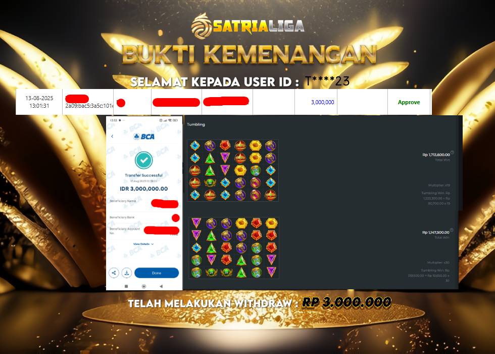 BUKTI KEMENANGAN MEMBER SATRIALIGA Rp.3.000.000