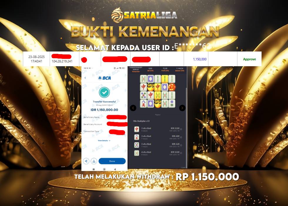 BUKTI KEMENANGAN MEMBER SATRIALIGA Rp.1.150.000