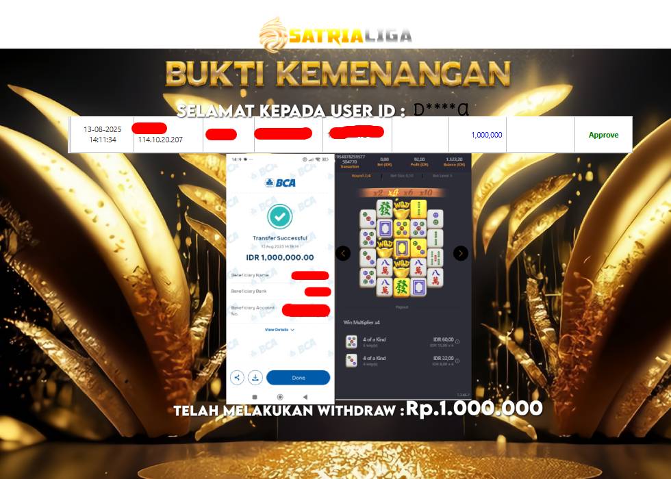 BUKTI KEMENANGAN MEMBER SATRIALIGA Rp.1.000.000