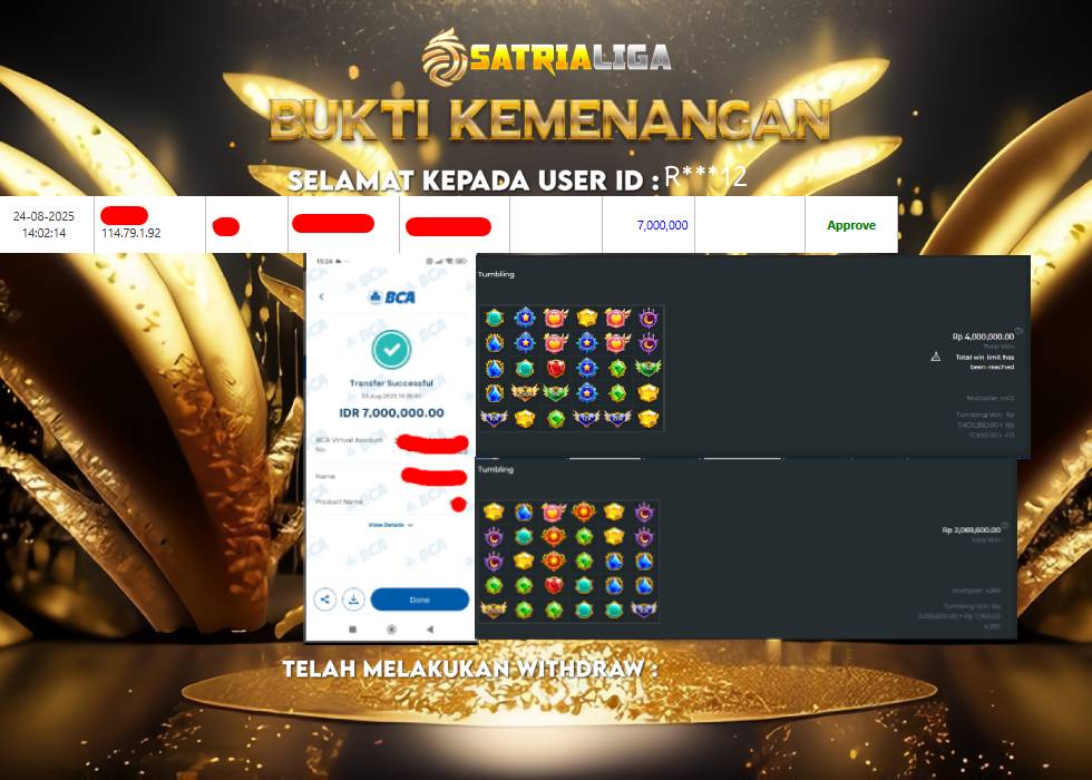 BUKTI KEMENANGAN MEMBER SATRIALIGA Rp.7.000.000