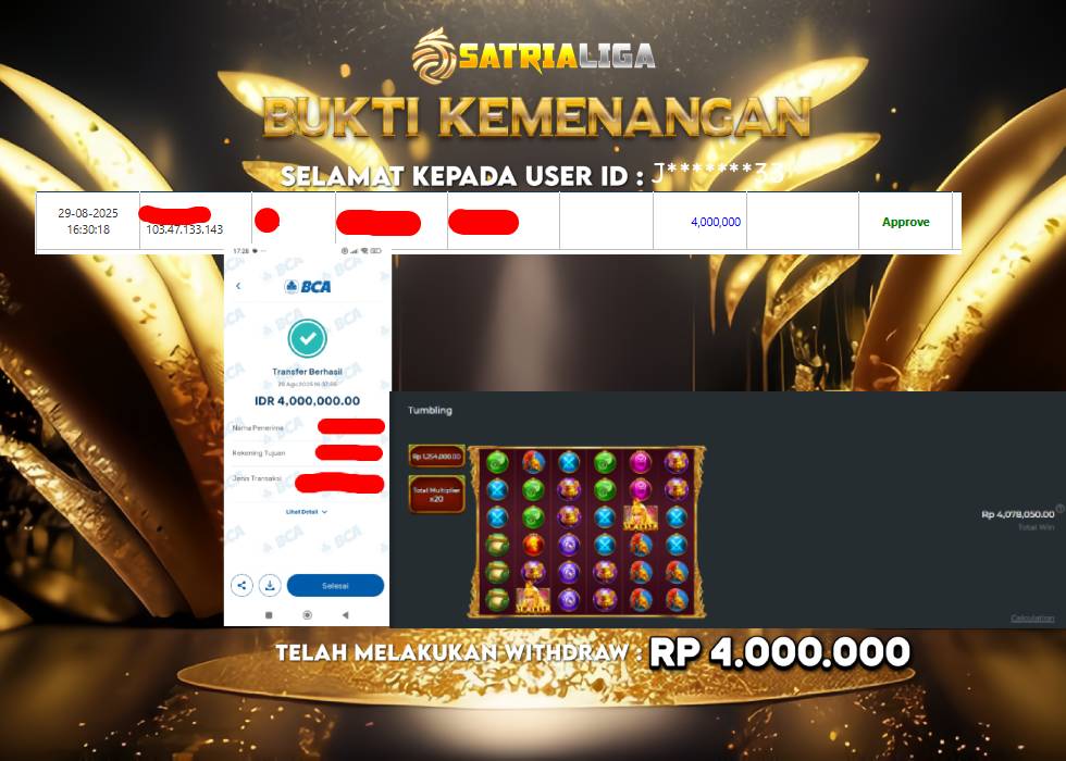 BUKTI KEMENANGAN MEMBER SATRIALIGA Rp.4.000.000