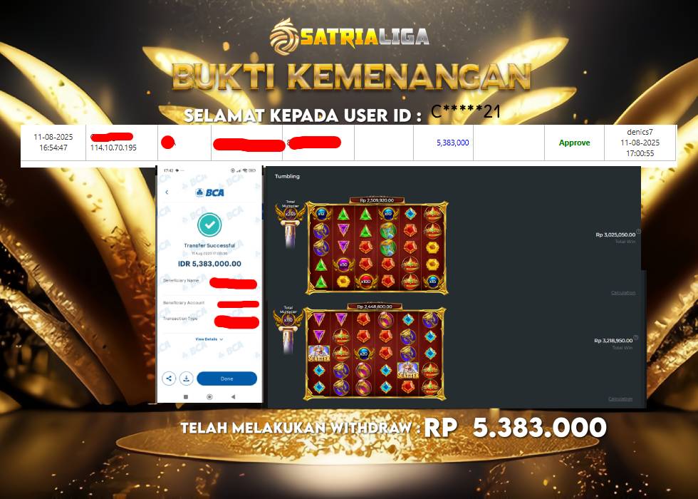 BUKTI KEMENANGAN MEMBER SATRIALIGA Rp. 5.383.000