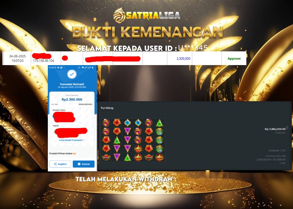 BUKTI KEMENANGAN MEMBER SATRIALIGA Rp.2.300.000