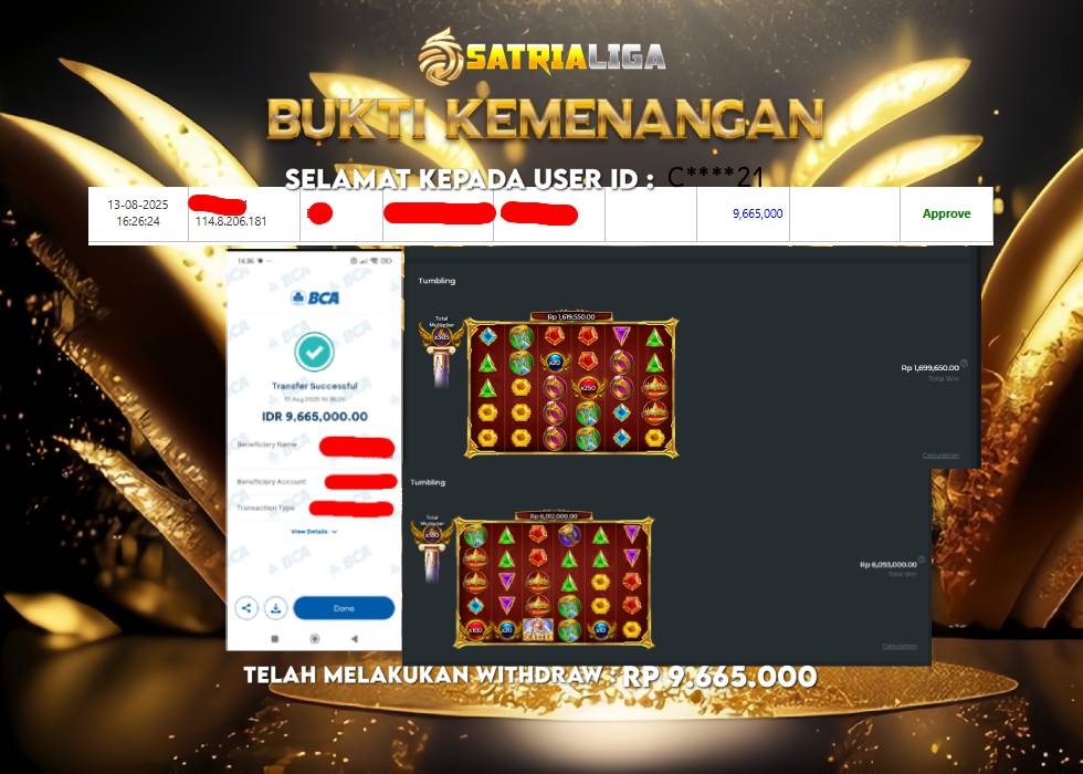 BUKTI KEMENANGAN MEMBER SATRIALIGA Rp.9.665.000