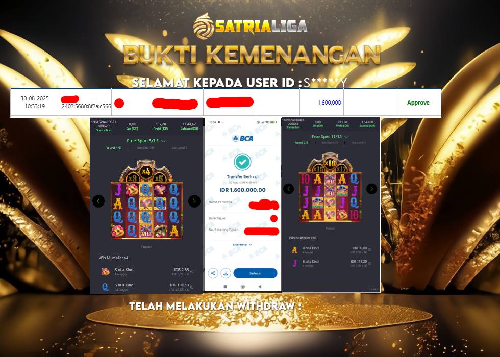 BUKTI KEMENANGAN MEMBER SATRIALIGA Rp.1.600.000