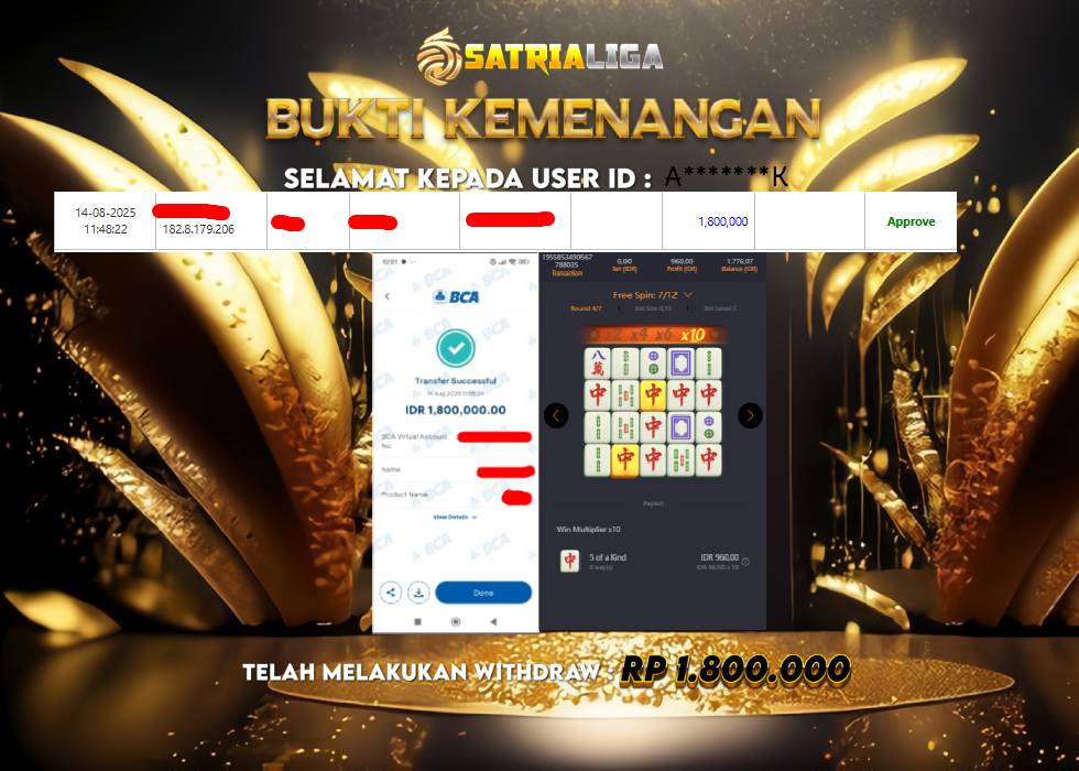 BUKTI KEMENANGAN MEMBER SATRIALIGA Rp.1.800.000