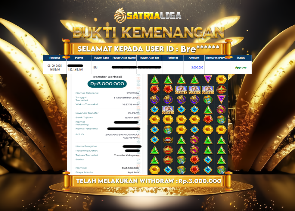 BUKTI KEMENANGAN MEMBER SATRIALIGA Rp 3.000.000
