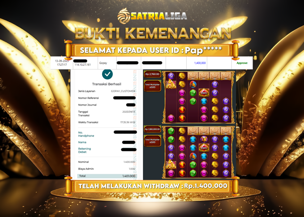 BUKTI KEMENANGAN MEMBER SATRIALIGA Rp 1.400.000