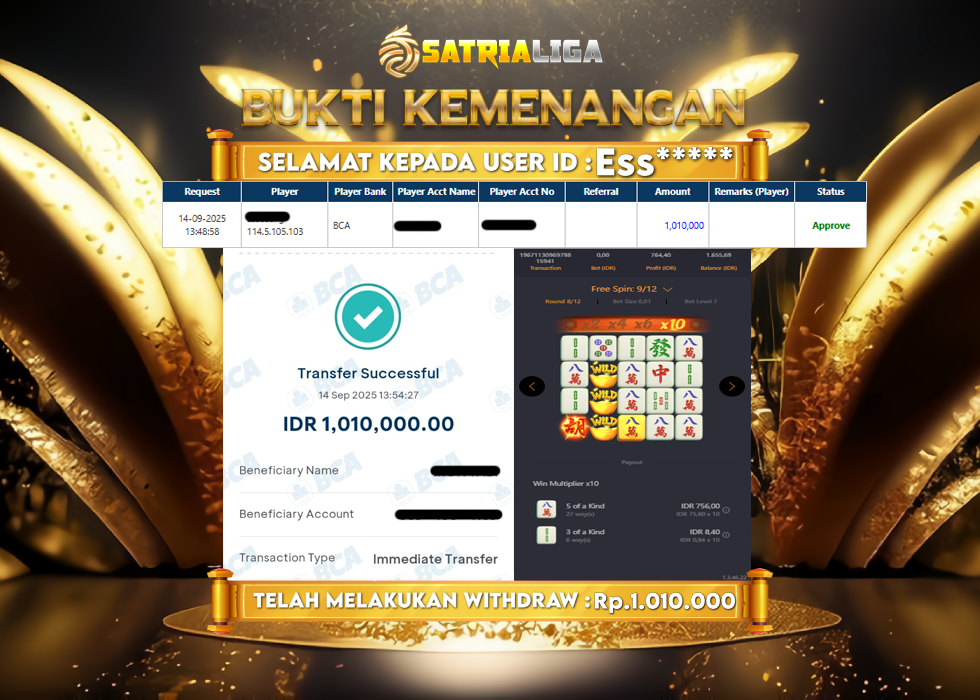BUKTI KEMENANGAN MEMBER SATRIALIGA Rp 1.010.000
