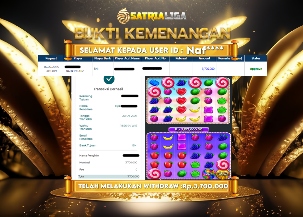 BUKTI KEMENANGAN MEMBER SATRIALIGA Rp 3.700.000
