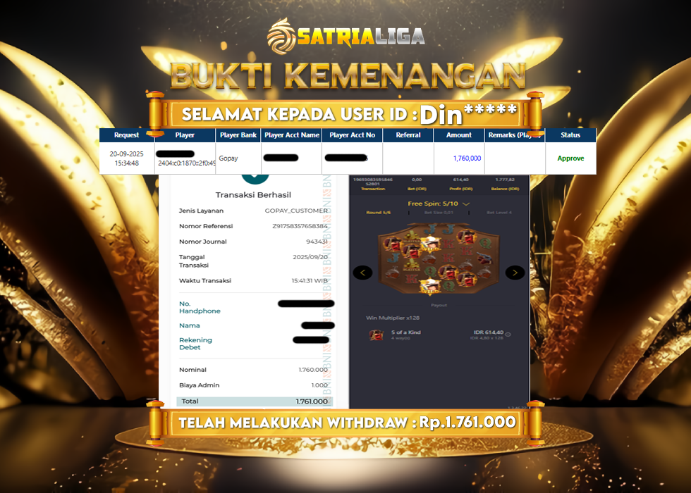 BUKTI KEMENANGAN MEMBER SATRIALIGA Rp 1.761.000